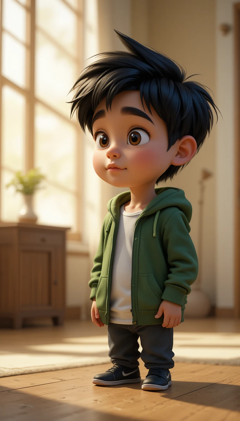 Menino 3D em estilo cartoon com moletom verde na luz dourada suave
