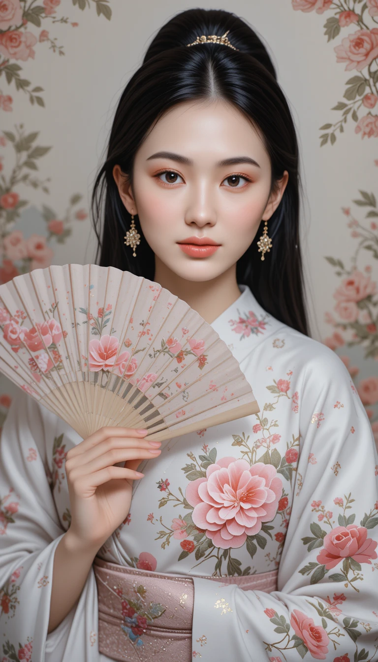 Elegante Anime-Frau im weißen Kimono mit Blumenmuster und Fächer