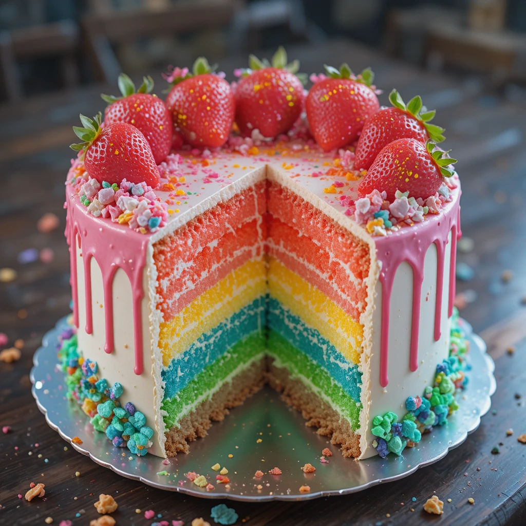 Bunter Vanillekuchen mit Schokolade und Erdbeer-Details