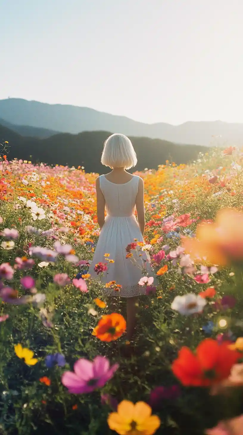 Garota de anime feliz em um colorido campo de flores