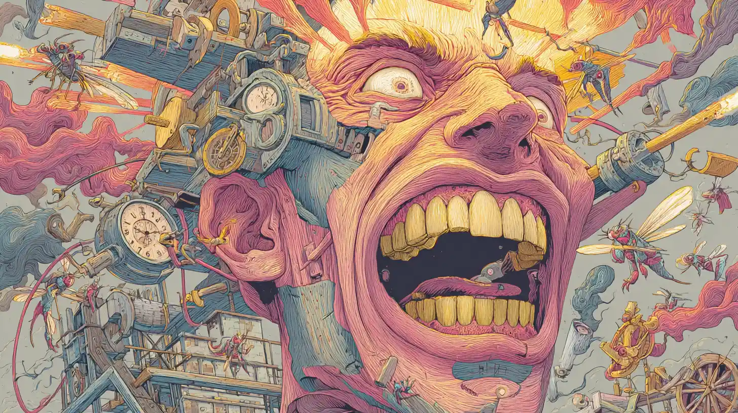 Surreal distorted human face with mechanical insects and smoke