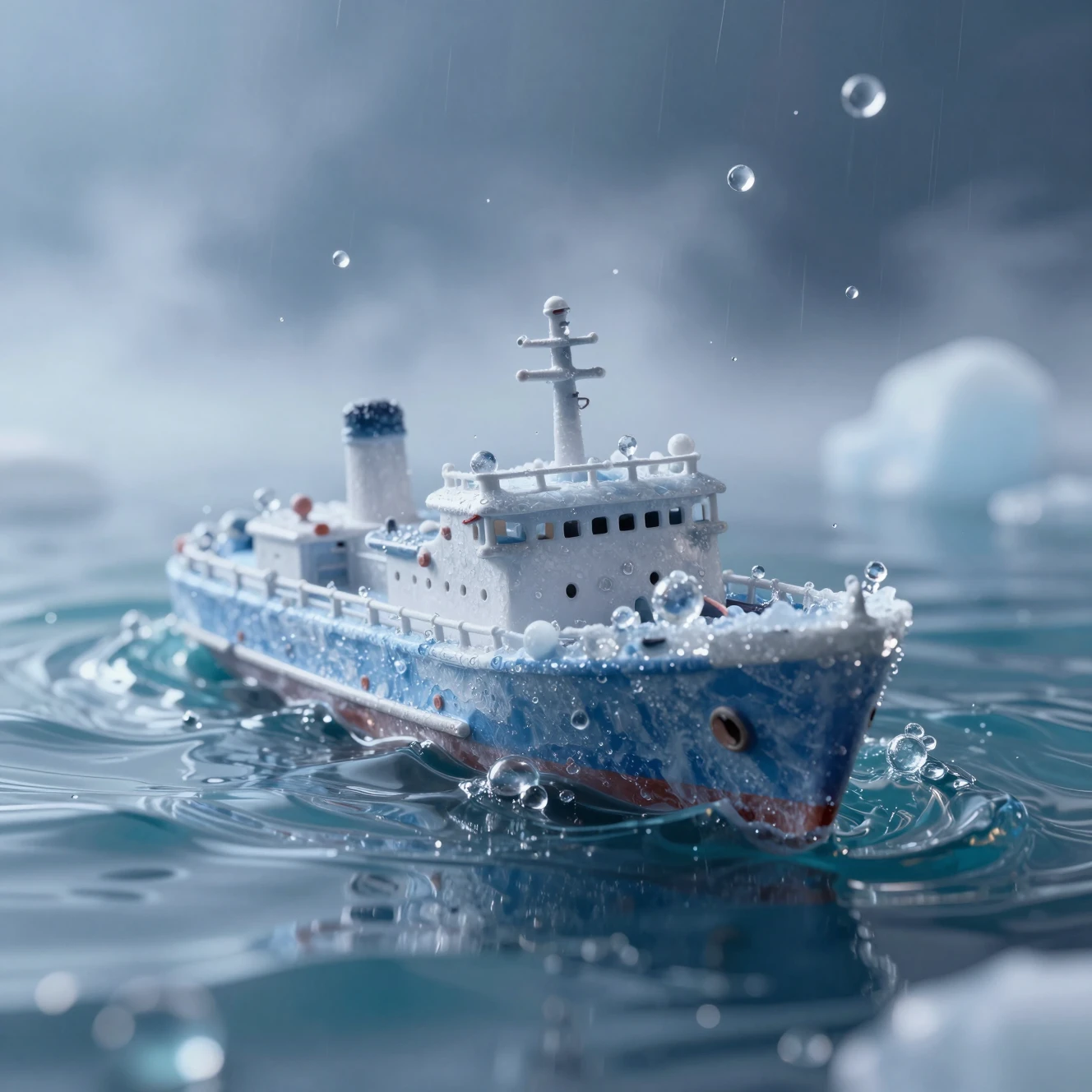 Extreme close up of icy ship in rippling water diorama