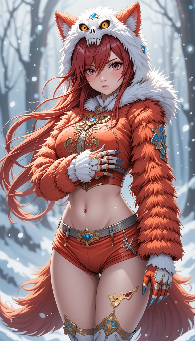 Guerriera lupo anime dai capelli cremisi nella neve