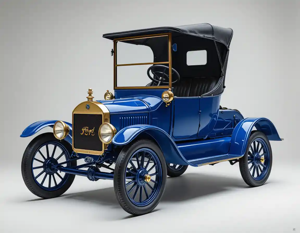 Blauer Vintage-Ford Model T in sauberer Studio-Profilansicht