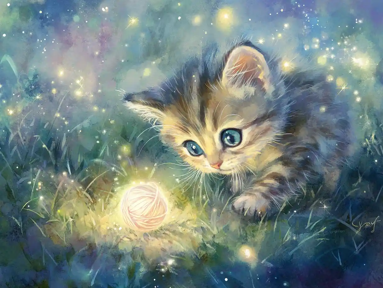 Cute kitten chasing glowing yarn in a magical meadow