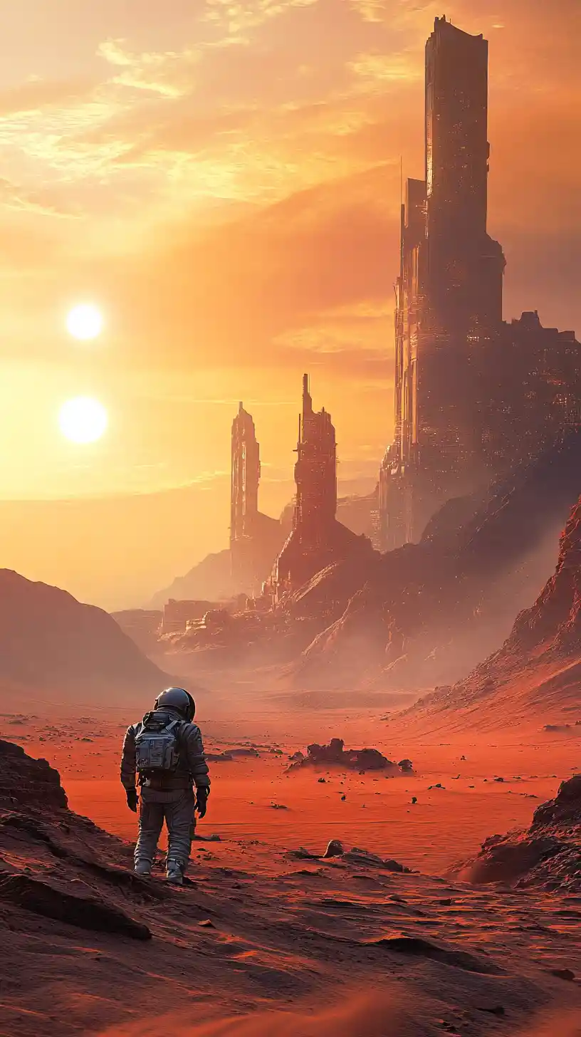 Astronauta solitário em um mundo alienígena arruinado ao anoitecer