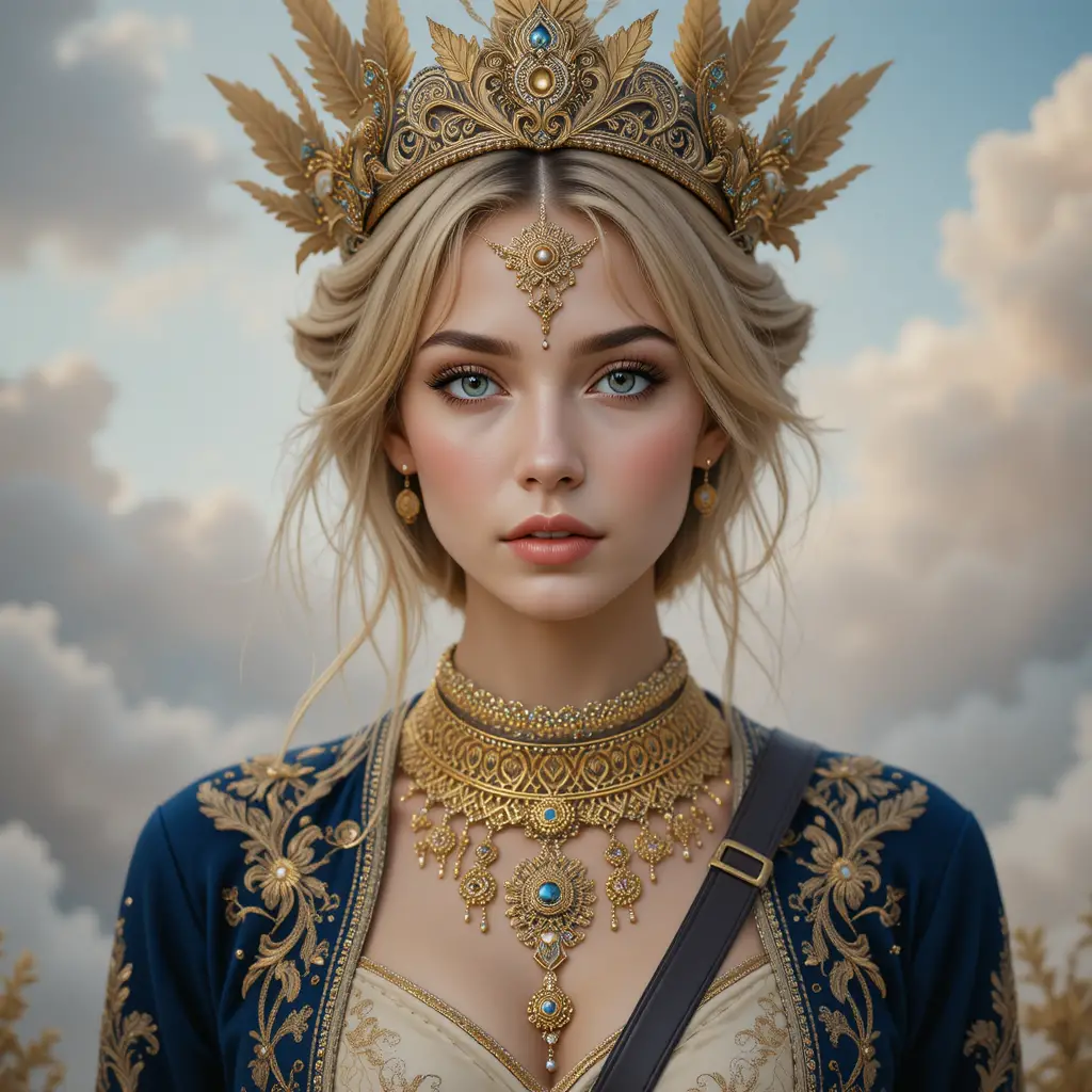 Jeune femme blonde avec couronne dorée ornée et bijoux