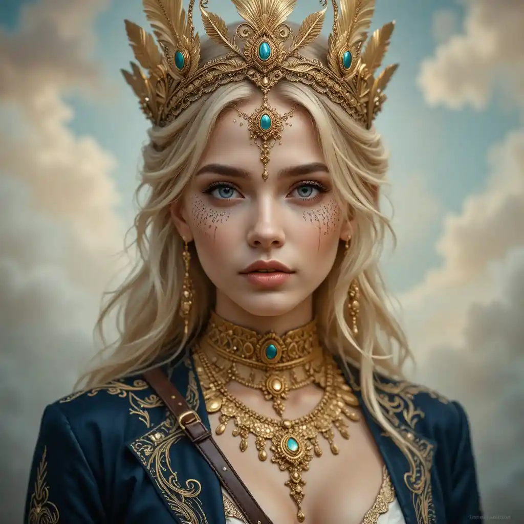 Young crowned woman in ornate fantasy royal portrait