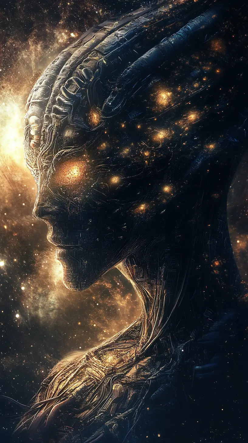 Surreales himmlisches Alien-Wesen in einer illusorischen Multi-Image-Szene