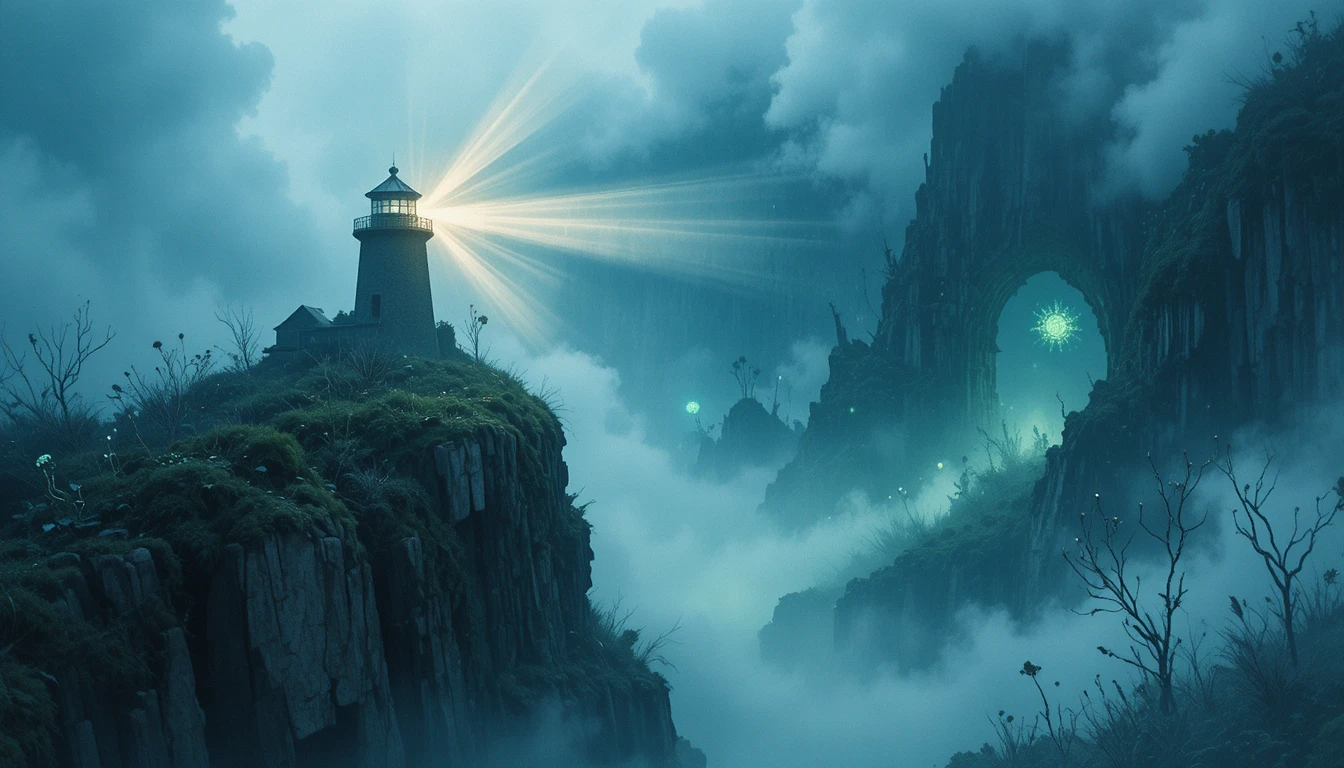 Lonely Lighthouse Shining Through Enchanted Ocean Mist