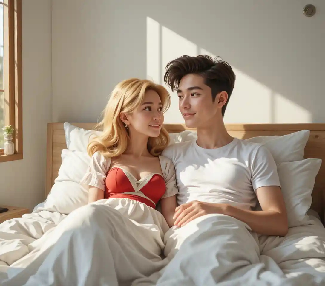 따뜻한 햇살이 비치는 아늑한 침대에서 함께 쉬는 젊은 커플