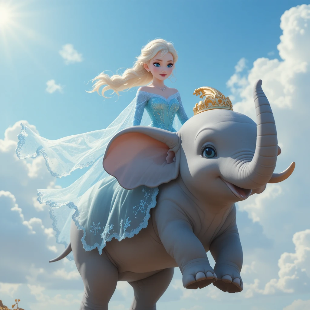 Prinzessin reitet auf einem fliegenden Elefanten im sonnigen Himmel