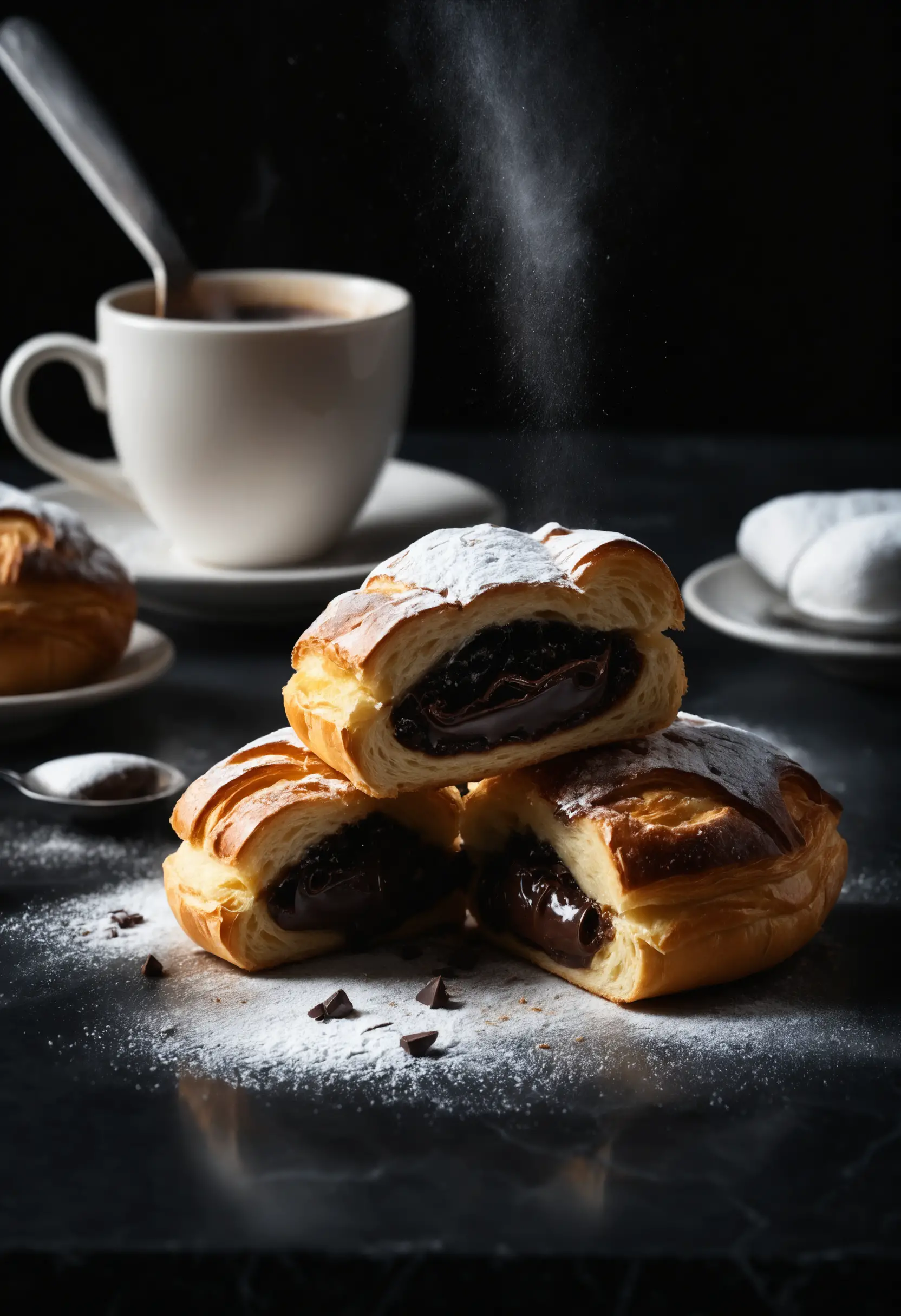 Close up of torn chocolate pastry with espresso steam