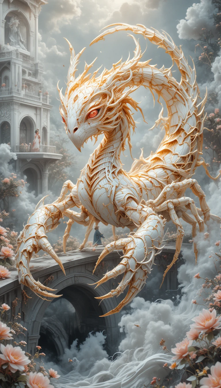 Mythical spirit creature near a white fantasy palace river