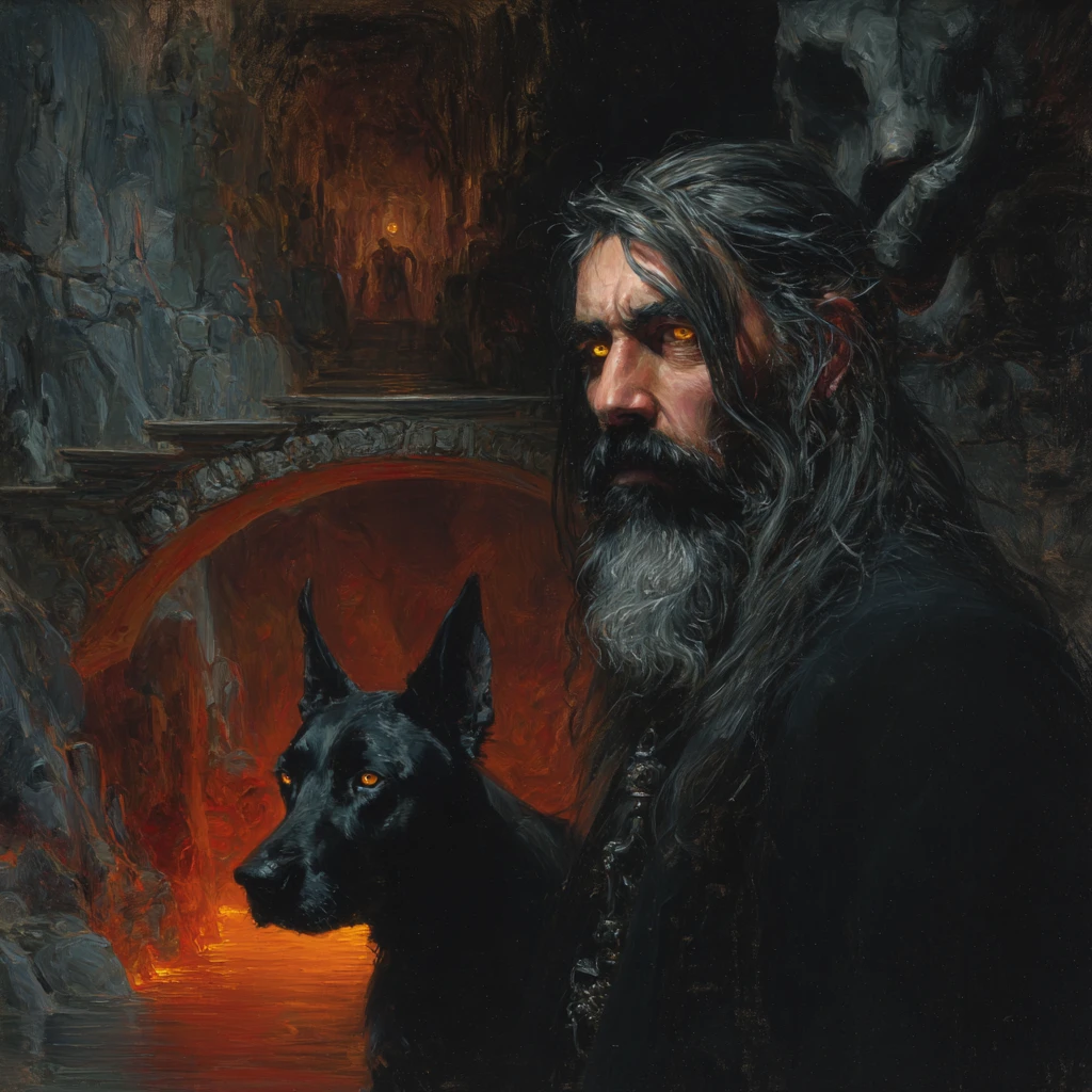 Retrato de fantasia sombria de um homem em uma ponte de lava