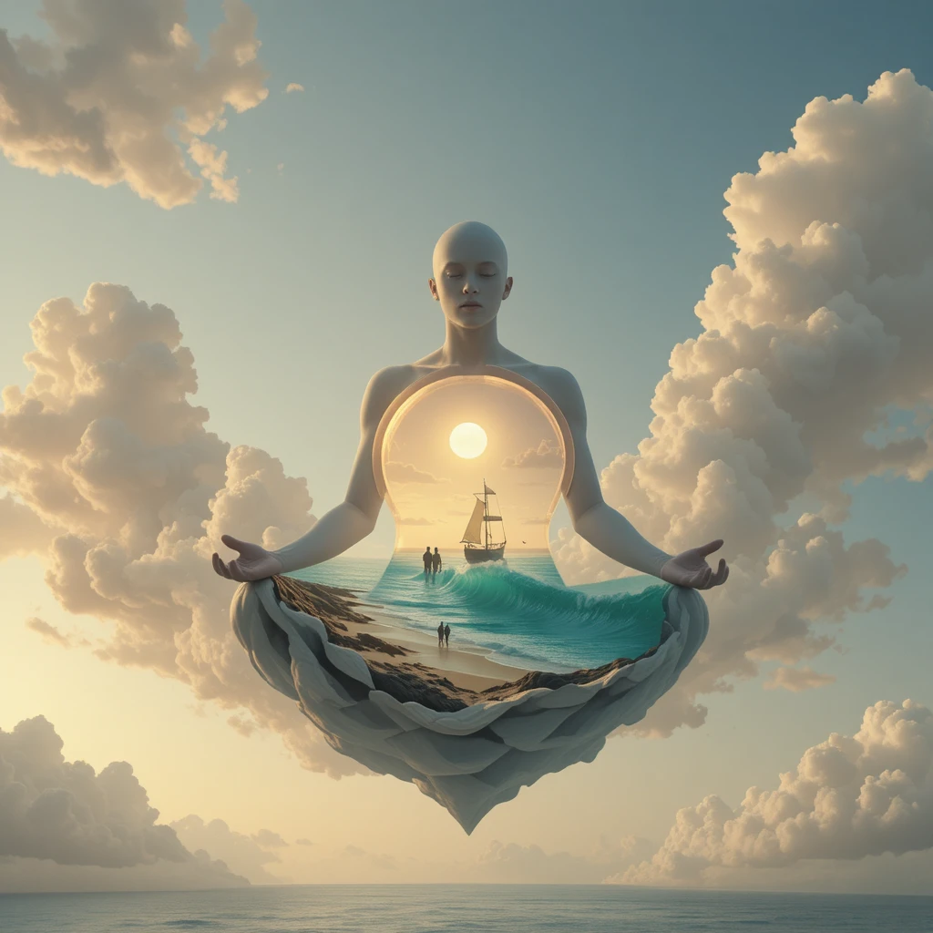 Silhueta de água em meditação segurando um mar interior brilhante