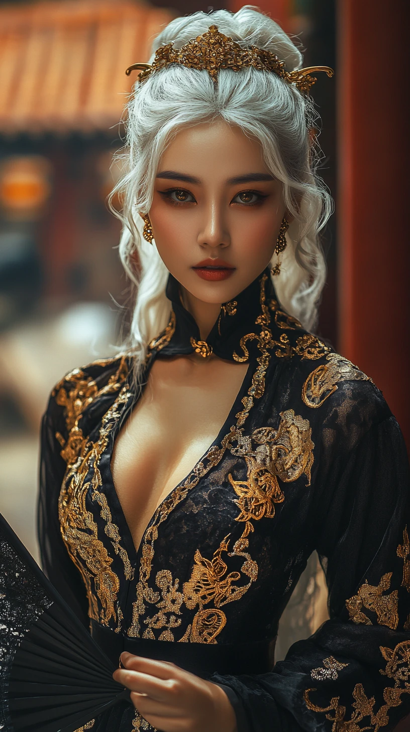 Elegante mulher asiática em vestido de noite preto e dourado