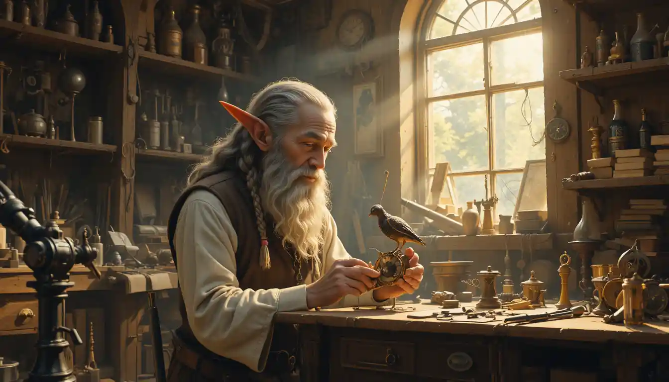 Vieux artisan elfe fabriquant un minuscule oiseau mécanique