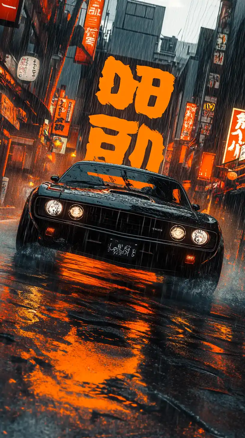 Schwarzer Muscle-Car rast eine regennasse Stadtstraße hinunter
