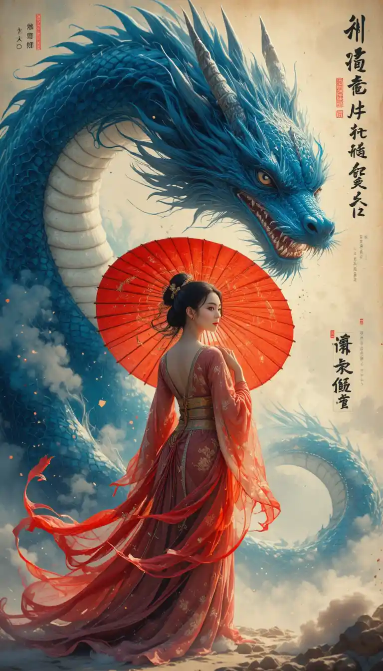 Hanfu woman with blue dragon and red parasol