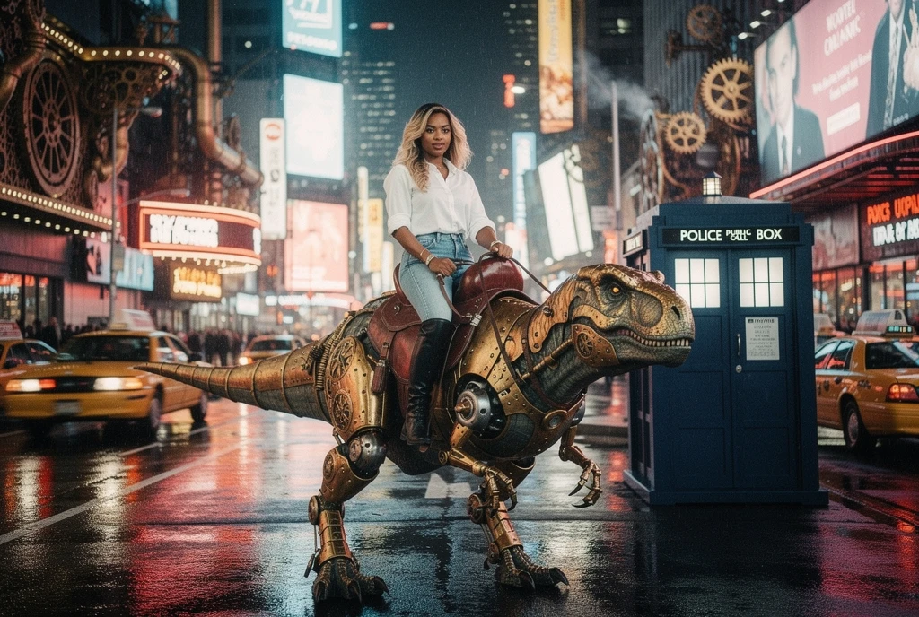 Mulher montando dinossauro steampunk em rua neon da cidade