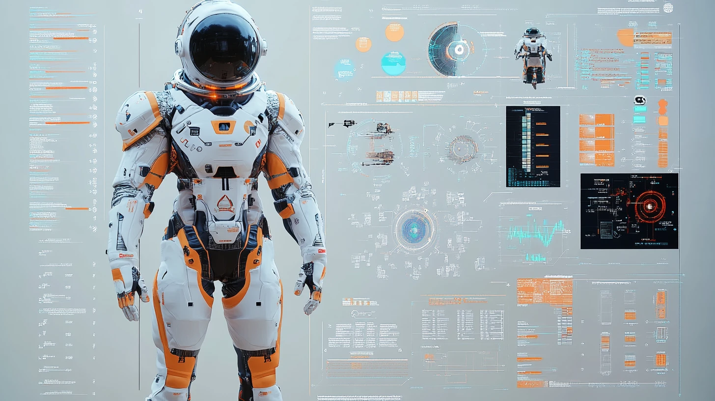 Futuristic white space suit 3D engineering concept diagram