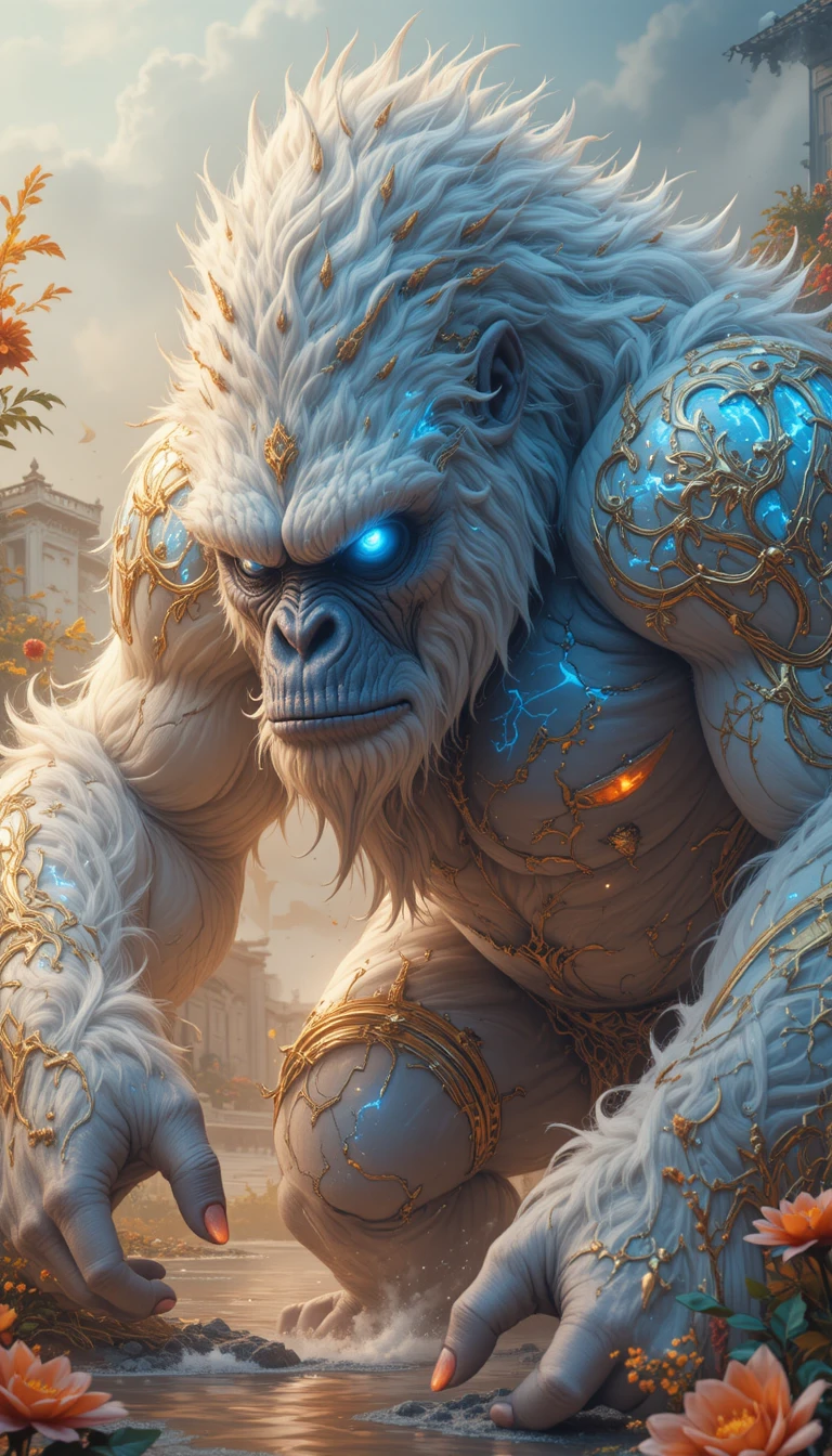 White fur gorilla warrior with glowing blue tribal tattoos