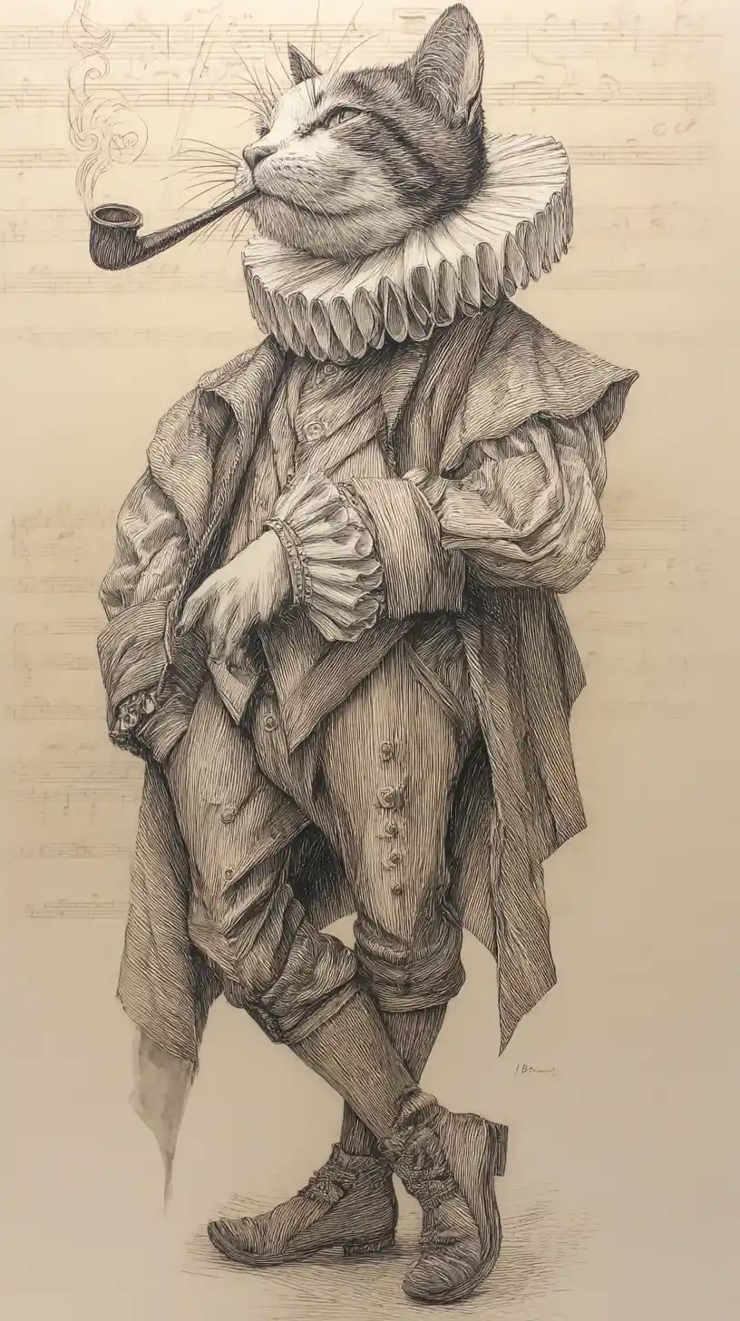 Anthropomorphic cat in ornate Shakespearean clothing