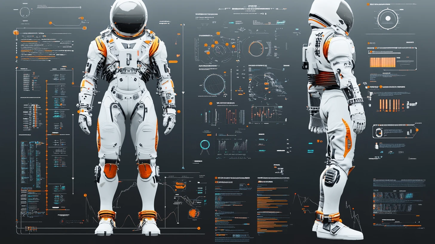 Futuristic white space suit diagram with colorful technical data