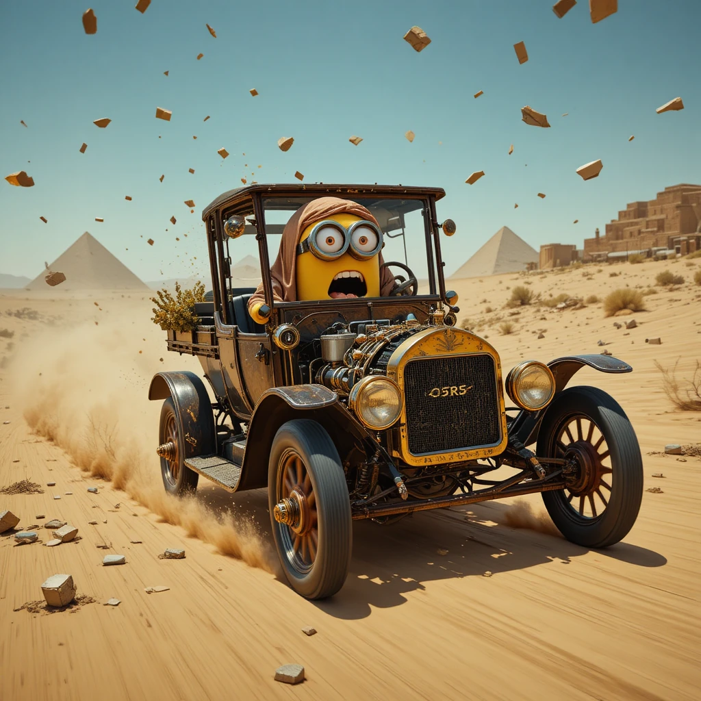 Carro vintage correndo por um deserto egípcio sinuoso