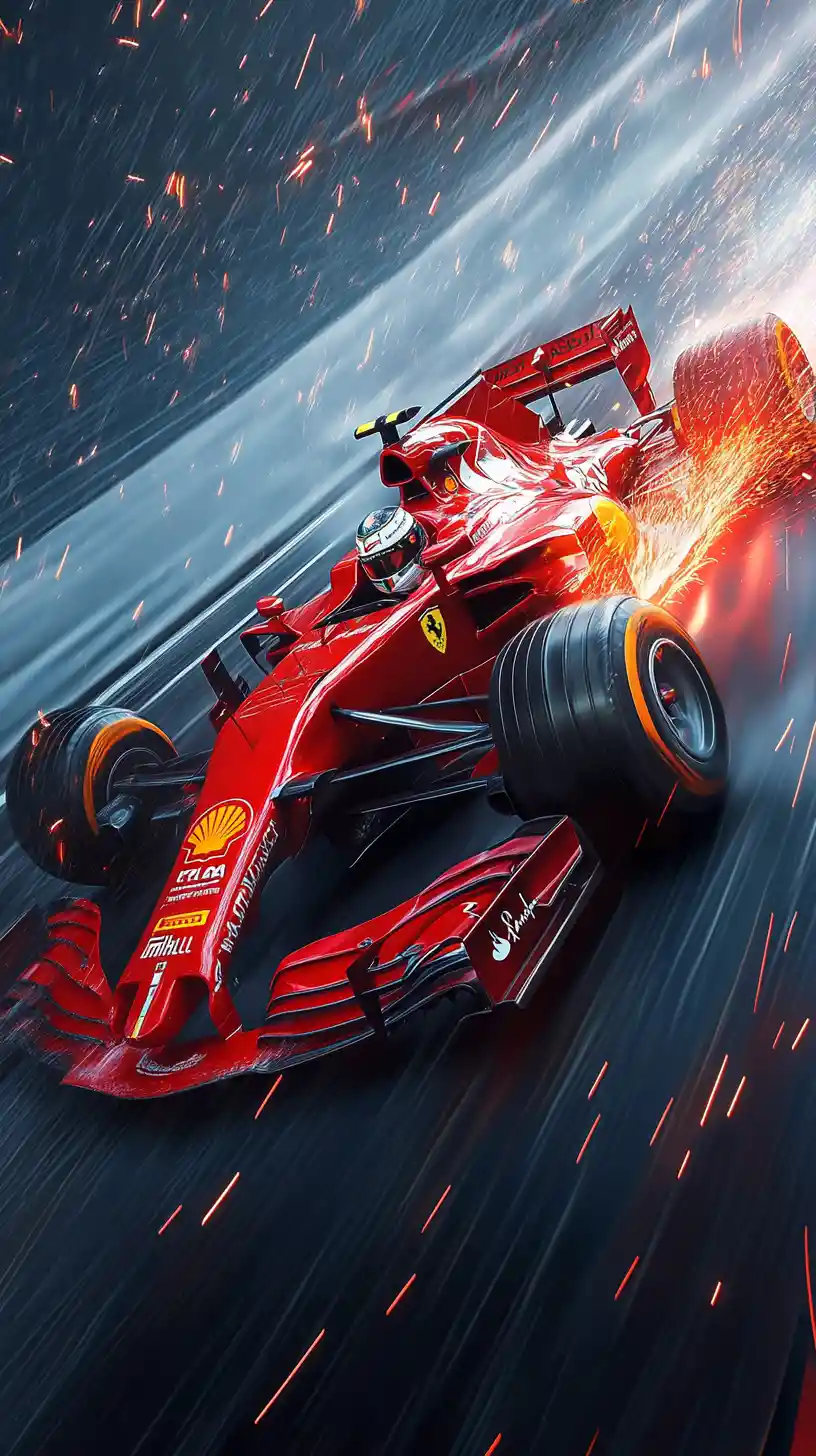 Auto da corsa formula rossa in derapata attraverso una curva infuocata