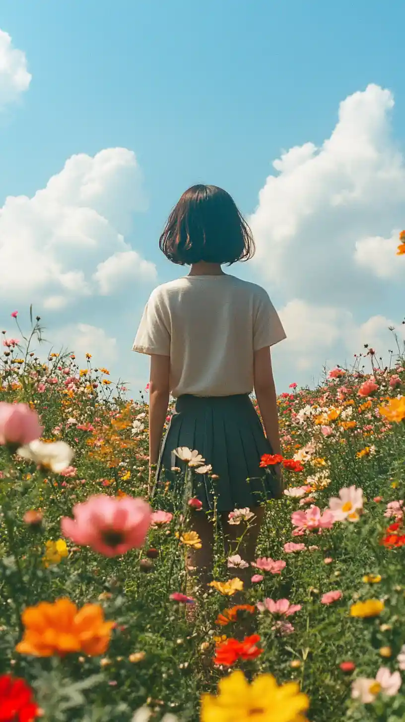 開心的動畫女孩站在繽紛花海中