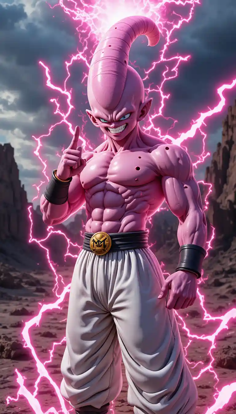 Monstro humanóide rosa carregando poder em um ermo arruinado