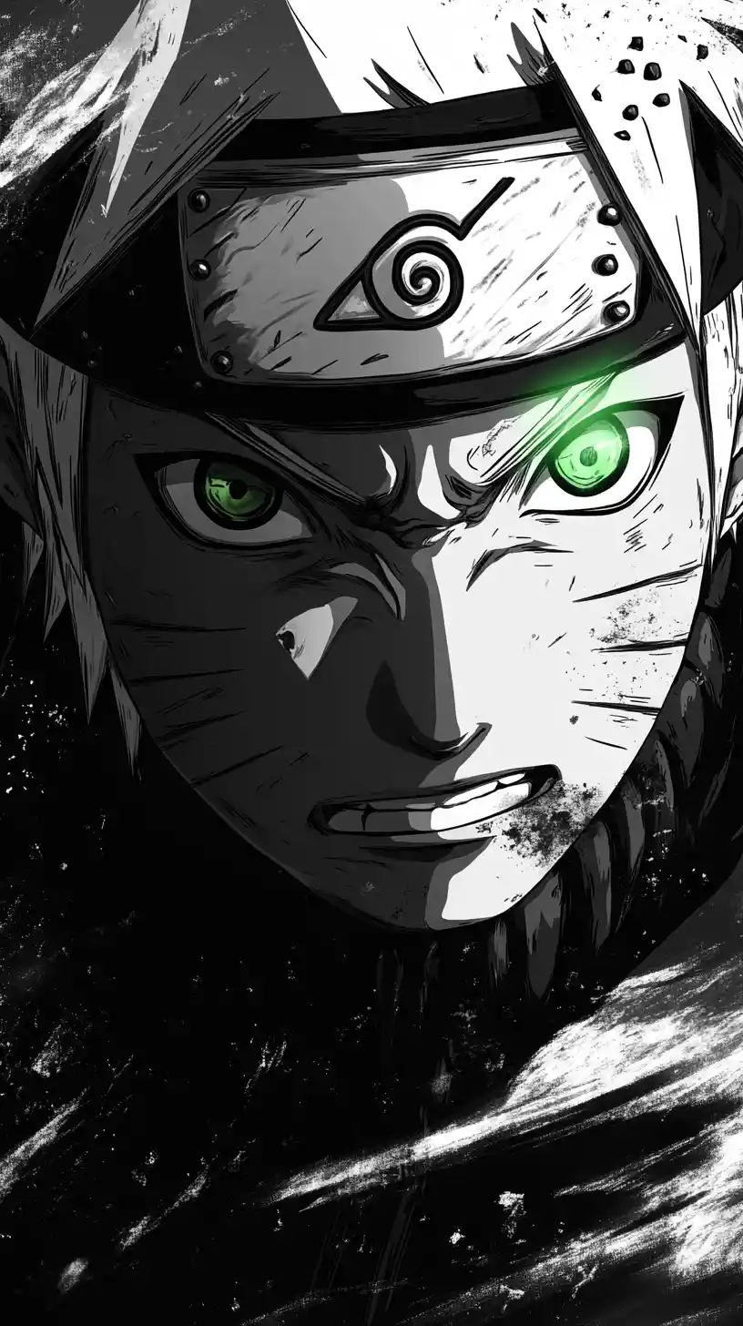 Primo piano intenso di guerriero anime con occhio verde brillante