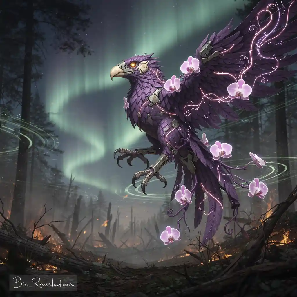 Uccello guardiano etereo tecno-organico sopra una foresta al crepuscolo