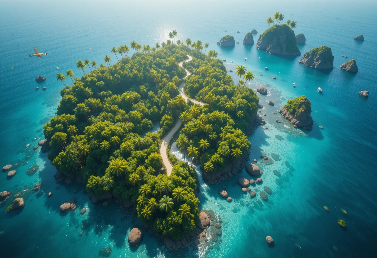 Paradiso di Isola Tropicale da Vista Aerea sopra Mare Turchese