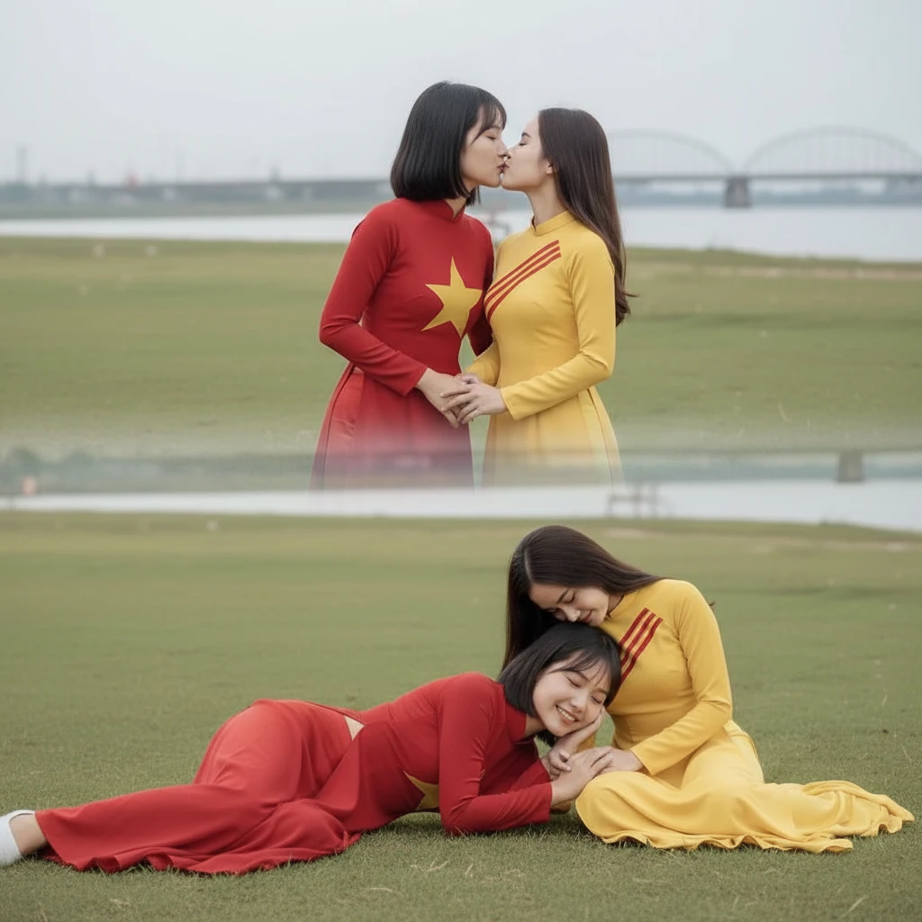 Two Vietnamese women in red ao dai sharing a tender kiss