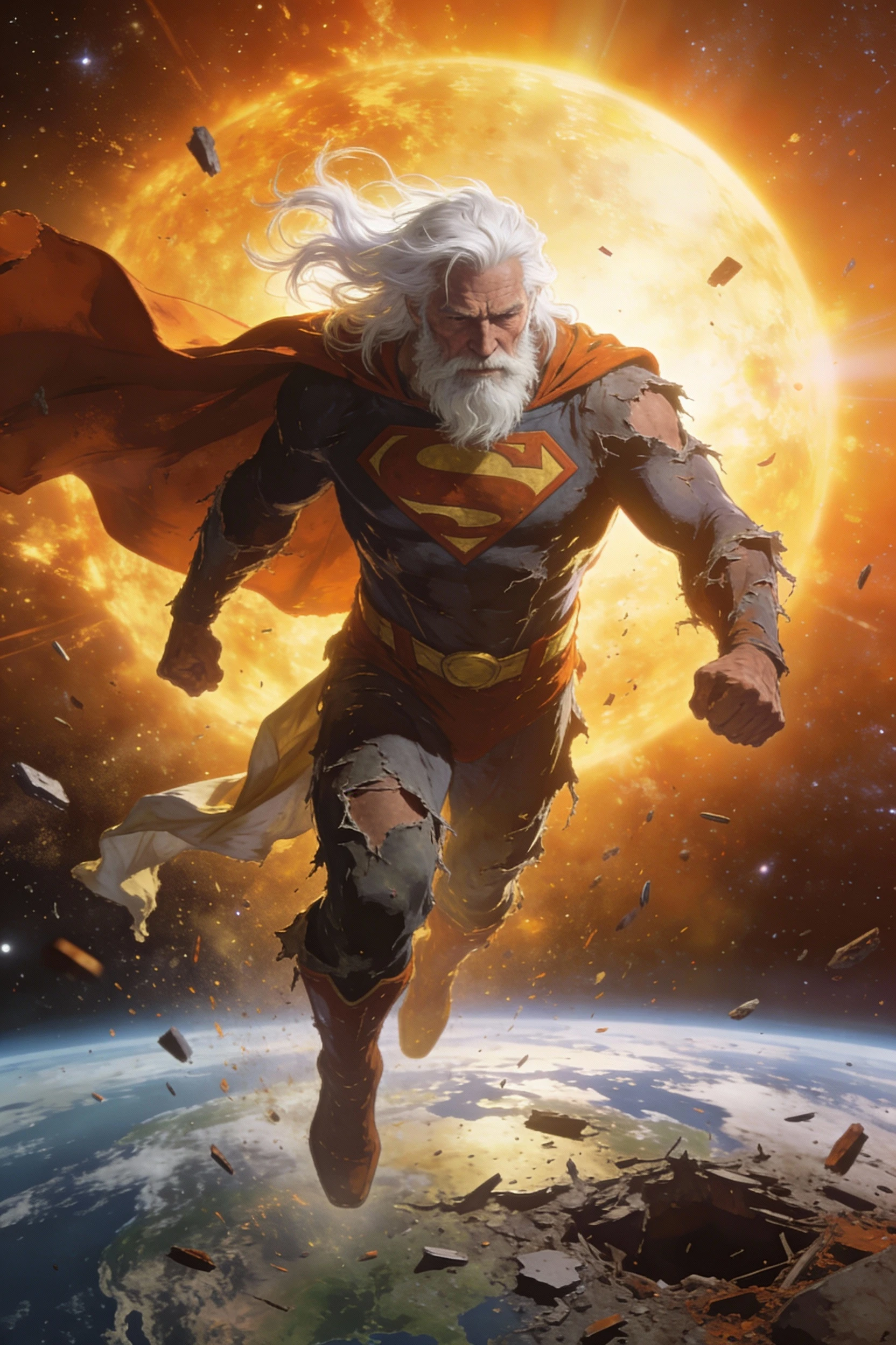Super-herói envelhecido flutuando no espaço diante de uma Terra arruinada