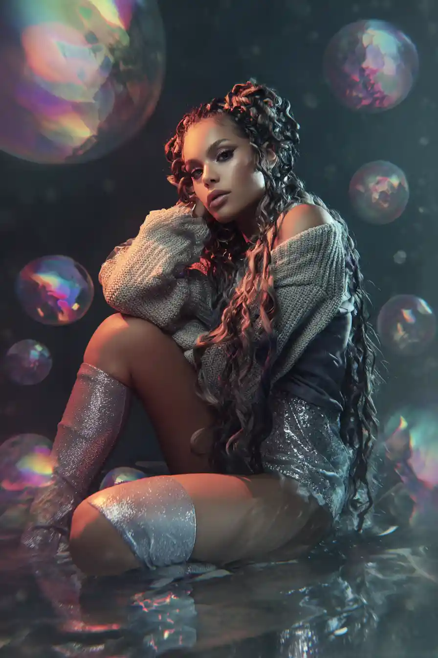 Surreal woman sitting in a pond with floating paint orbs