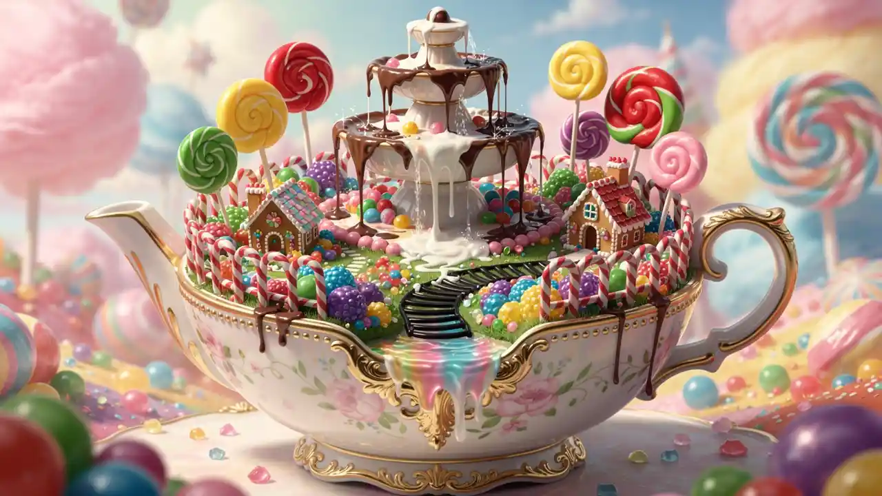 Verspielter Candy-Land-Garten in einer Vintage-Porzellanteekanne