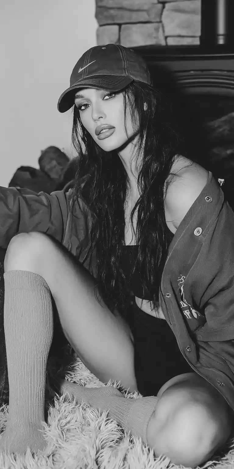 Bella Hadid che si rilassa con outfit sportivo accanto a una stufa a legna