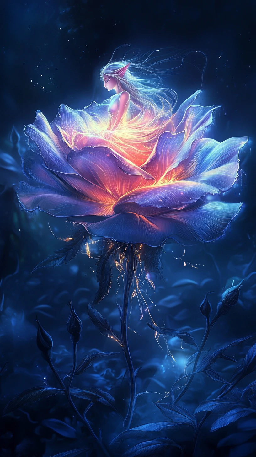 花びらに幻想的なエルフの乙女が描かれた巨大なバラ