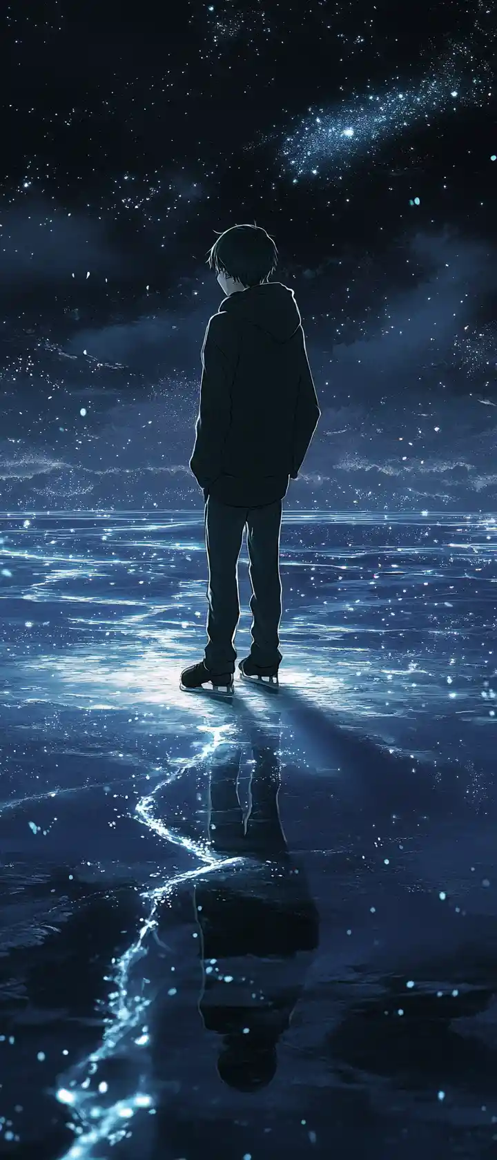 Jeune homme sur un lac gelé à minuit touchant la glace fissurée