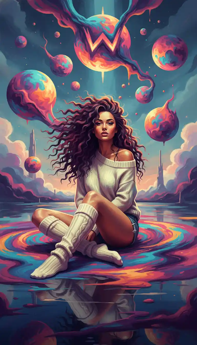 Mujer surreal en un charco de pintura en una escena de fantasía onírica