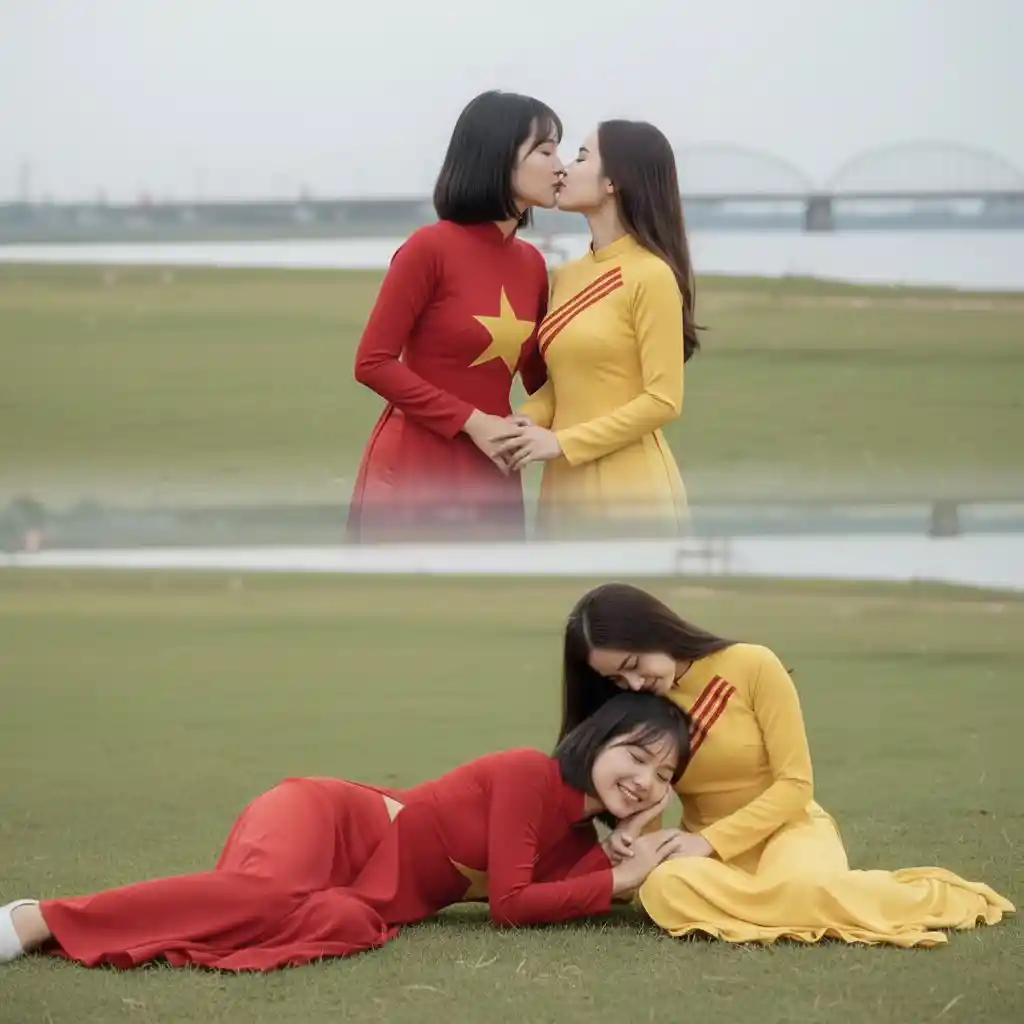 Two Vietnamese women in red ao dai sharing a tender kiss