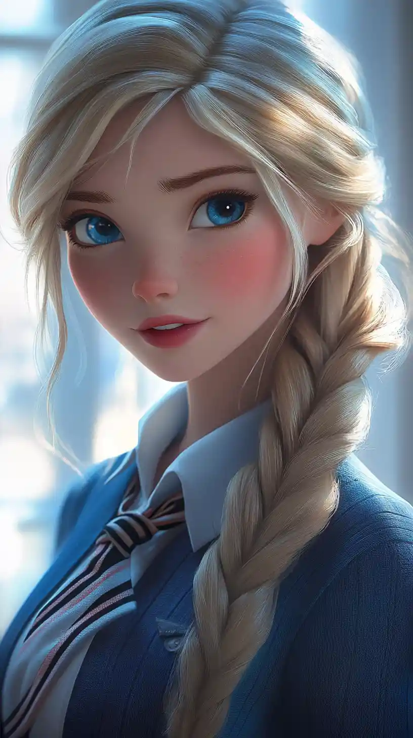 Blonde schoolgirl portrait with dreamy blue eyes in soft light