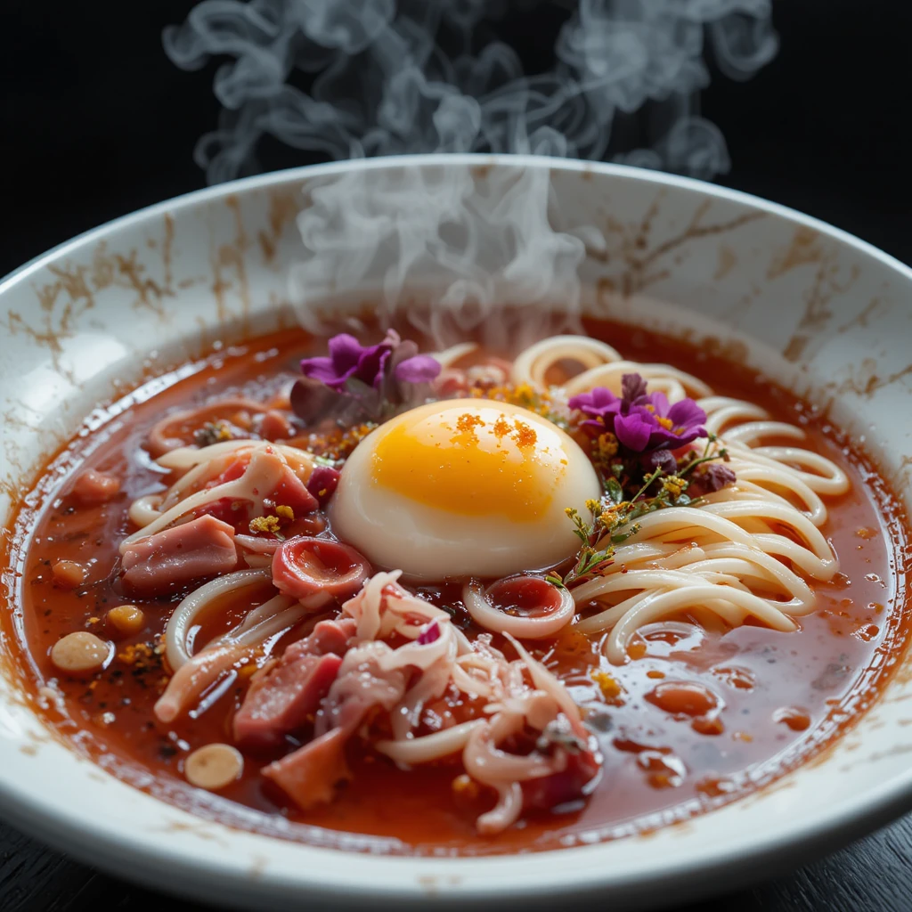 Ramen futuristico con consommé chiaro di anatra e ciliegia