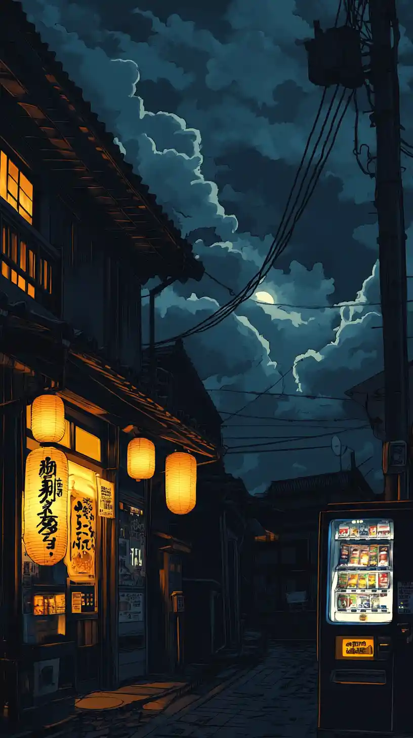 Rue japonaise de nuit avec lanternes et enseigne au néon