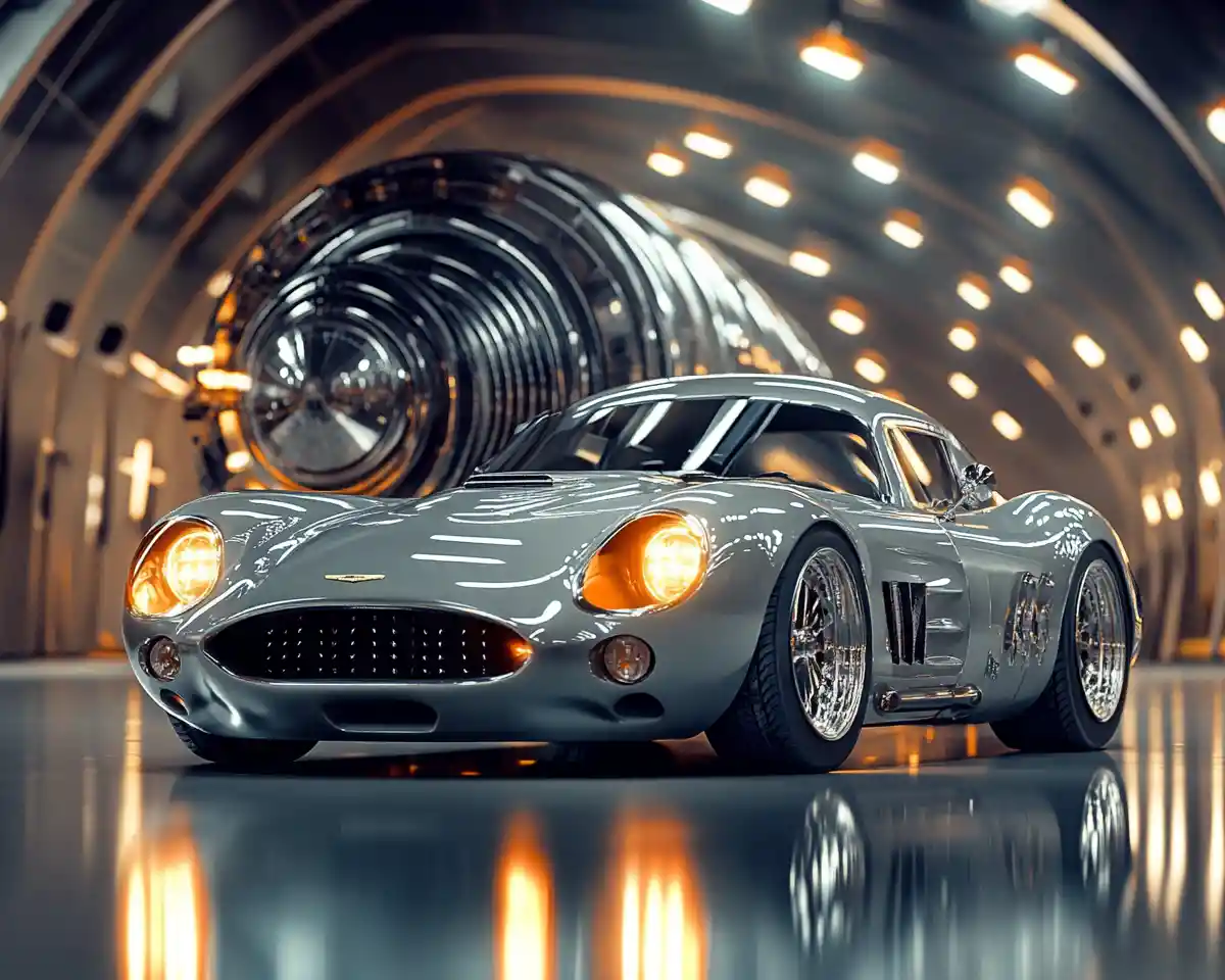 Auto sportiva in stile vintage in sala industriale futuristica