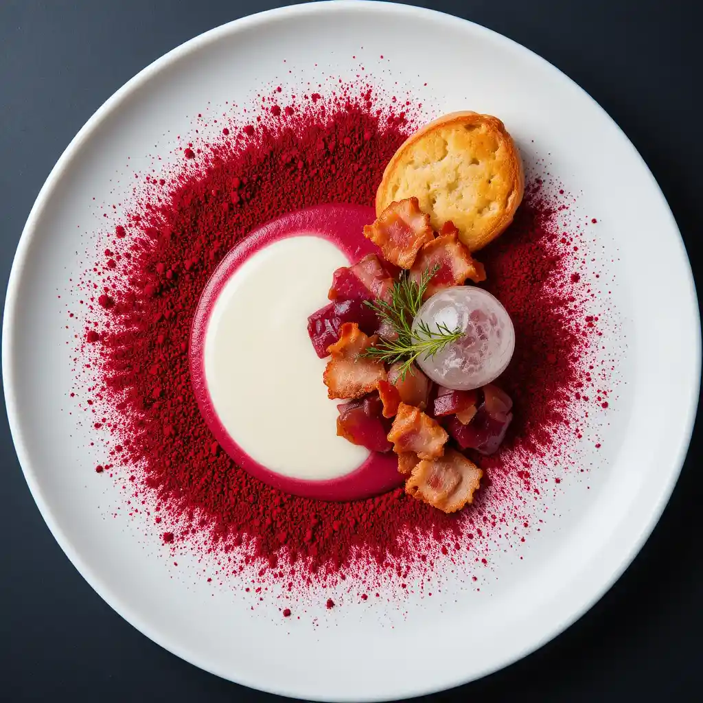 Dekonstruierter Borschtsch als moderne Gourmetküche angerichtet